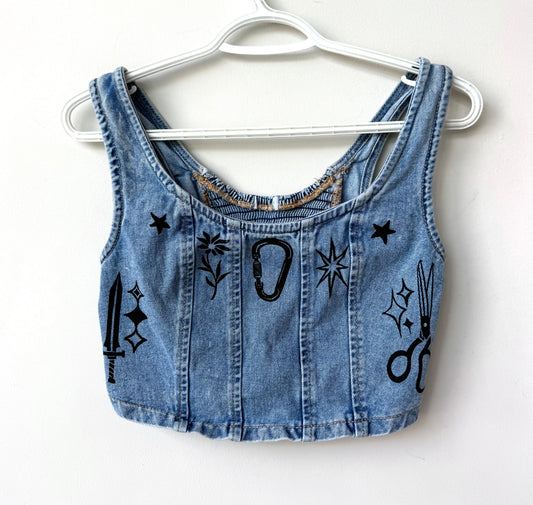 Patchwork Printed Cropped Denim Tank