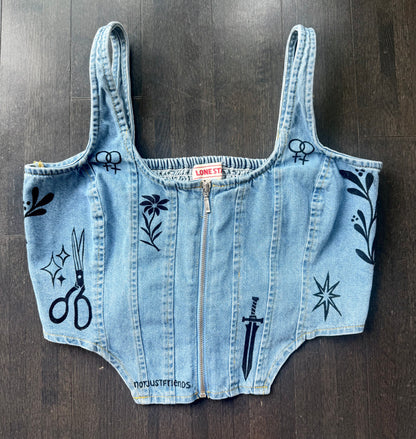 Patchwork Printed Denim Corset Top
