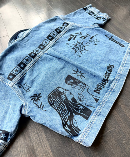 Patchwork Printed Cropped Denim Top