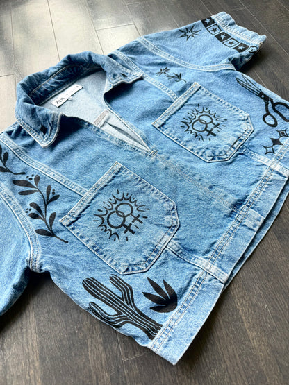 Patchwork Printed Cropped Denim Top