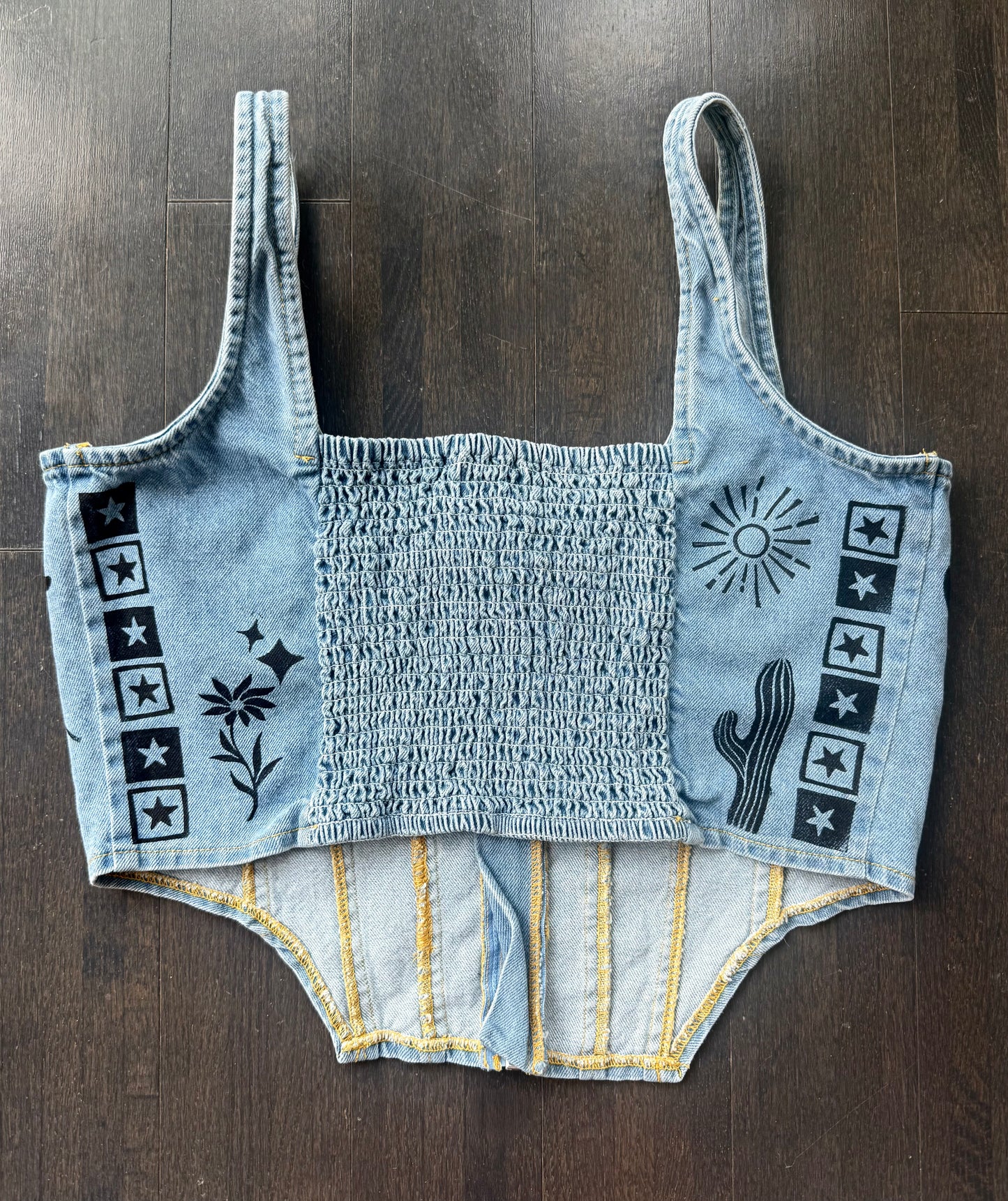Patchwork Printed Denim Corset Top