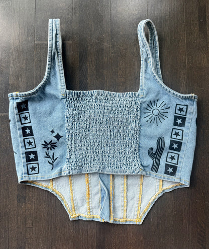 Patchwork Printed Denim Corset Top