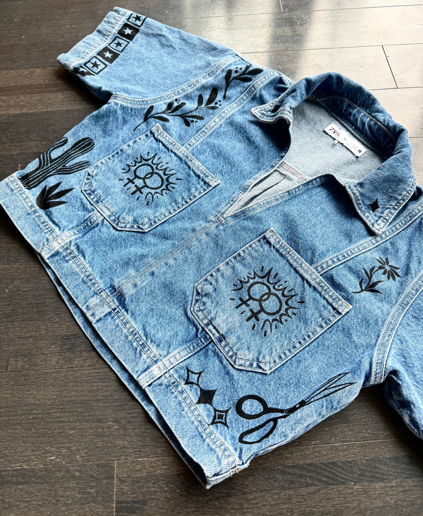 Patchwork Printed Cropped Denim Top