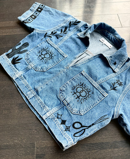 Patchwork Printed Cropped Denim Top