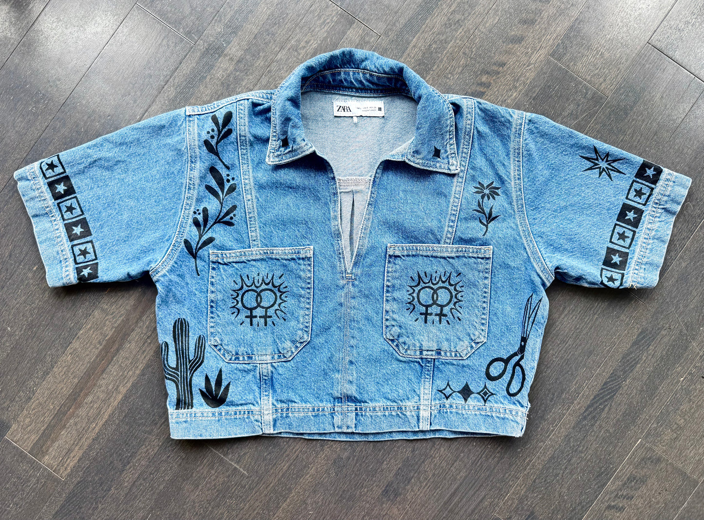 Patchwork Printed Cropped Denim Top